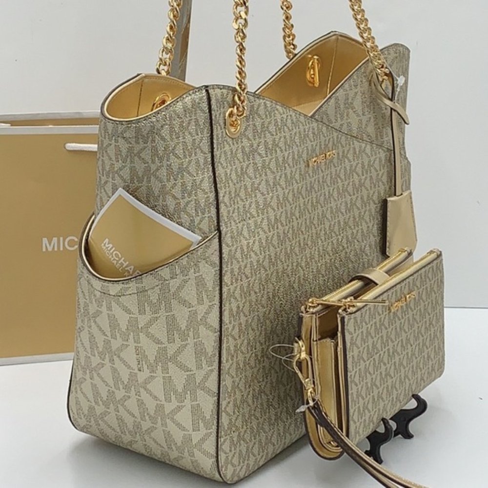 Michael Kors Large X Chain Shoulder Tote & Large Double Zip Wallet Pale Gold - Picture 8 of 16